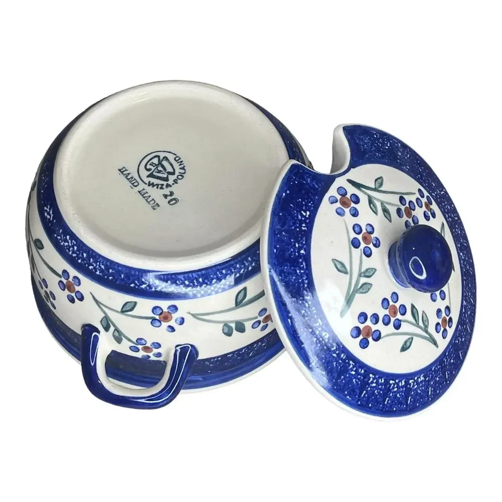 VTG Wiza Poland COVERED DISH Sugar Bowl Gravy Mini Crock Handles Polish Pottery - Picture 3 of 6